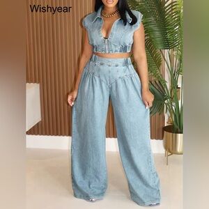 Micas Denim V-Neck Zipper Tank Top And Jeans Set L CC11-6